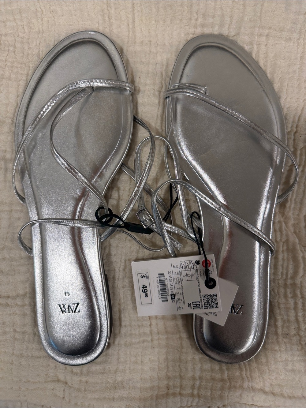 Zara Metallic Silver Strappy Slide Sandals